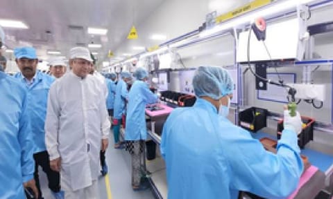 Union Minister of Electronics and IT, Ashwini Vaishnaw, inaugurating Syrma SGS Technology’s state-of-the-art laptop assembly line on Friday (IANS)&nbsp;