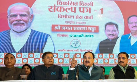 BJP National President JP Nadda with party leaders addresses the media during the launch of 'BJP Sankalp Patra Part-I' for Delhi Assembly elections, in New Delhi (PTI)&nbsp;