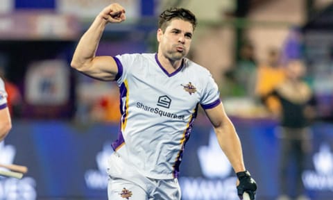 Gonzalo Peillat celebrates after scoring from a penalty corner