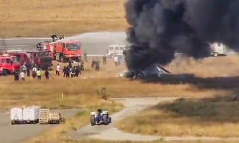 A helicopter of the Indian Coast Guard (ICG) crashes during landing at Porbandar airport, Gujarat, Sunday, Jan. 5, 2025 (PTI)&nbsp;