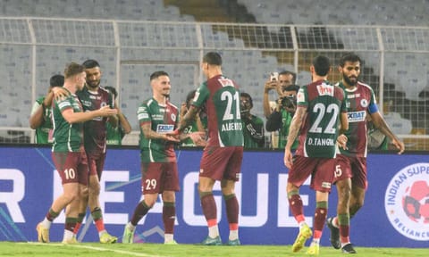 MBSG Players celebrate after scoring against PFC during match of the Indian Super League (ISL) 2024-25 season held at the Vivekananda Yuba Bharati Krirangan