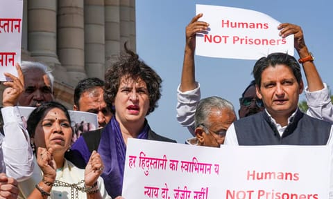 Congress MPs Priyanka Gandhi Vadra and Deepender Singh Hooda at a protest against the deportation of Indian immigrants from the US, at Parliament House complex during the Budget session (PTI)
