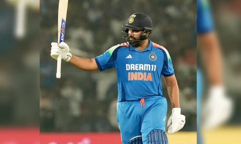 Rohit Sharma celebrates after scoring a ton against England (PTI)