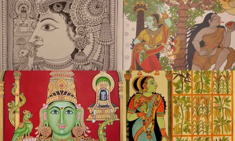 L to R: Nayak art,&nbsp; Shilpashastra painting of Meenakshi, One of her Chitrakathi arts, Panchali in Chitrakathi
