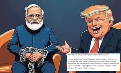 The digital magazine of Vikatan, published a cover cartoon (Feb 10, Monday) highlighting the issue of Indians being handcuffed and deported from the US while PM Modi remained silent on the matter (X)&nbsp;