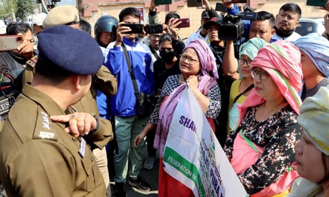 Participants of the peace rally organized by the Federation of Civil Society (FOCS), in Imphal, Saturday, March 8, 2025 (PTI)&nbsp;
