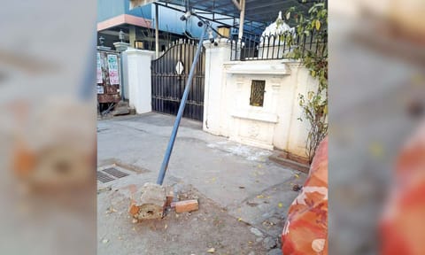 A damaged CCTV camera pole on Bharathi Road&nbsp;