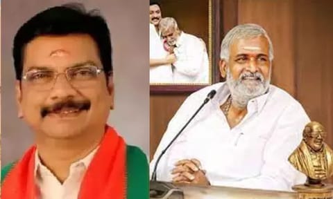 BJP state spokesperson ANS Prasad and HR&amp;CE Minister P K Sekarbabu (L to R)