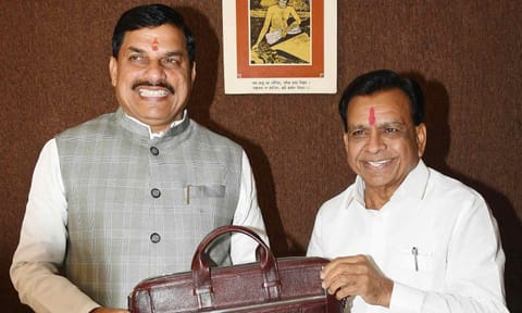 Madhya Pradesh Deputy Chief Minister and Finance Minister Jagdish Devda arrives to present the state Budget&nbsp;