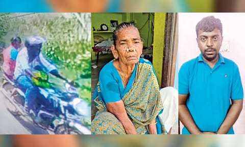 The CCTV footage shows Thirumal (r) riding with the 82-year-old victim Rajamani (c)&nbsp;