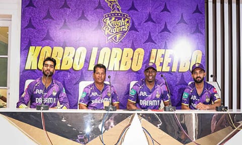 Vice-captain Venkatesh Iyer, head coach Chandrakant Pandit, mentor Dwayne Bravo and skipper Ajinkya Rahane at the KKR team press conference