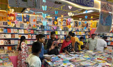 Visitors going through the titles on display at the book fair under way at the exhibition grounds on CV Naidu Salai