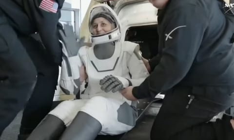 NASA astronaut Sunita Williams inside a SpaceX capsule after it splashed down in the Gulf of Mexico, off the coast of Florida, USA, Tuesday, March 18, 2025 (PTI)&nbsp;