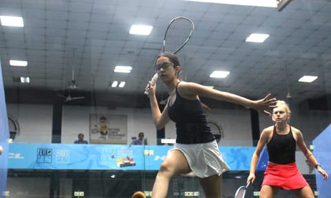 &nbsp;Anahat Singh plays a shot against Hayley Ward