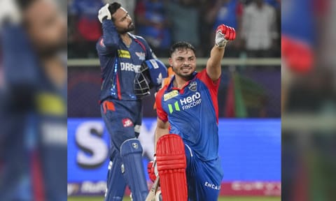 &nbsp;Delhi Capitals' batter Ashutosh Sharma celebrates after playing the winning shot during the Indian Premier League (IPL) 2025 match between Delhi Capitals and Lucknow Super Giants (PTI)