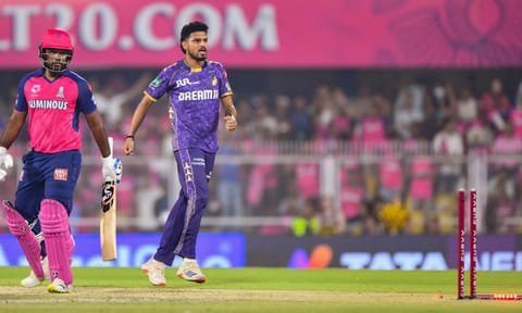 Kolkata Knight Riders' Vaibhav Arora celebrates the wicket of Rajasthan Royals' Sanju Samson during an Indian Premier League