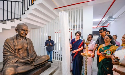 Congress General Secretary &amp; Wayanad MP Priyanka Gandhi inaugurates the New Grama Panchayat Office Complex in Pulpally, Wayanad (PTI)