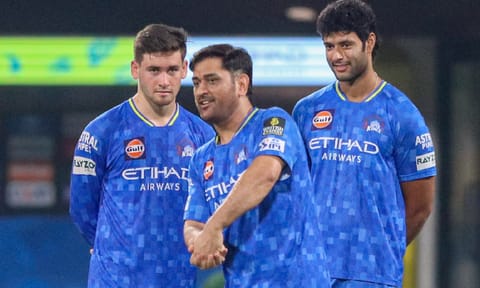Noor Ahmad, MS Dhoni and Shivam Dube during a practice session ahead of the clash against RCB at Chepauk (Hemanathan M)