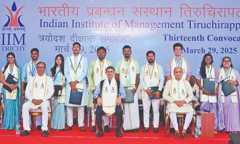 Governor RN Ravi presented medals and degrees to graduates at the 13th convocation of IIM Tiruchy, on Saturday