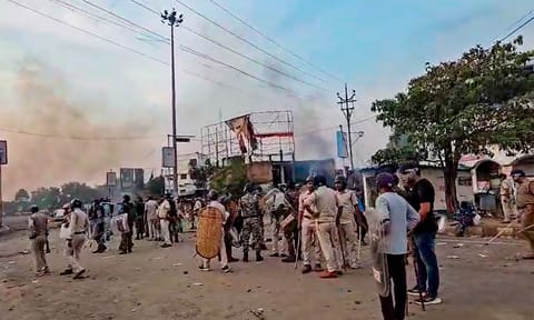 &nbsp;A torched vehicle during a protest against Waqf (Amendment) Act, in Murshidabad district (PTI)