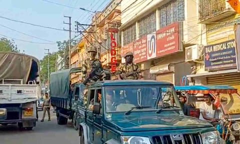 Security personnel keep a vigil after recent violent protests over the Waqf (Amendment) Act, in Murshidabad district, West Bengal (PTI)