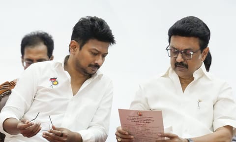 Tamil Nadu Chief Minister MK Stalin with Deputy CM Udhayanidhi Stalin during distribution of welfare schemes at an event held on the birth anniversary of BR Ambedkar, in Chennai, Monday, April 14, 2025 (PTI)&nbsp;