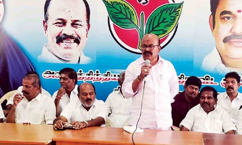 ‘Pollachi’ Jayaraman addressing cadre at Tirupur on Monday