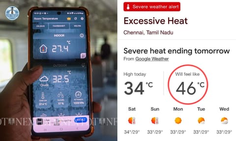 (L-R) Temperature recorded inside the new AC EMU; temperature recorded in Chennai city&nbsp;&nbsp;