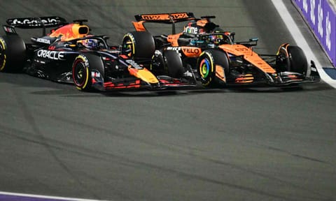 &nbsp;Max Verstappen tries to overtake McLaren's Oscar Piastri during the race&nbsp;