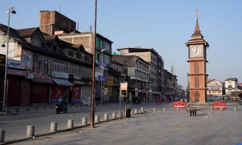 Lal Chowk market wears a deserted look during a strike call given by traders, transporters and other several organisations against the Pahalgam terror attacks
