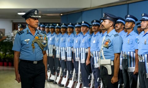 Air Marshal Narmdeshwar Tiwari inspects a guard of honour before taking charge as the new Vice Chief of the Air Staff, in New Delhi, Friday, May 2, 2025 (PTI)&nbsp;