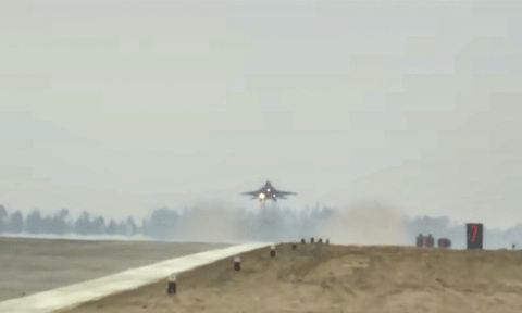 A fighter plane prepares to touch down as Indian Air Force conducts trial on the airstrip of the under-construction Ganga Expressway in Shahjahanpur, Friday, May&nbsp;2,&nbsp;2025&nbsp;(PTI)