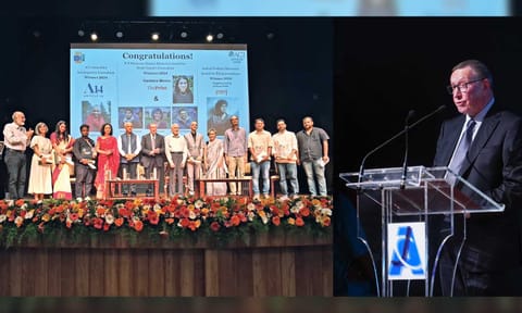 L-R: Students and faculty at the convocation of Asian College of Journalism, Chennai; Norman Pearlstine speaks at the event  (Photos: Nitheeshwar)