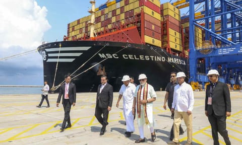 &nbsp;Prime Minister Narendra Modi, Kerala Governor Rajendra Arlekar, Chief Minister Pinarayi Vijayan, Adani Group Chairman Gautam Adani and others at the newly-inaugurated Vizhinjam International Seaport, in Thiruvananthapuram