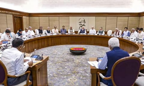 Prime Minister Narendra Modi with Defence Minister Rajnath Singh, Union Home Minister Amit Shah, Union Ministers Nitin Gadkari, JP Nadda and others during a Cabinet meeting following 'Operation Sindoor', in New Delhi. (PMO via PTI)