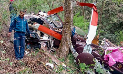 Rescue and relief work underway after a helicopter carrying devotees to Gangotri Dham crashed at Gangani, in Uttarkashi district (PTI)