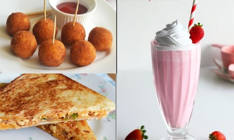 Corn cheese balls, Paneer sandwich, and Strawberry milkshake&nbsp;