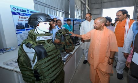 Uttar Pradesh Chief Minister Yogi Adityanath with Deputy Chief Ministers Keshav Prasad Maurya and Brajesh Pathak during the inauguration of BrahMos Aerospace Integration and Testing Facility, in Lucknow, Sunday, May 11, 2025 (PTI)