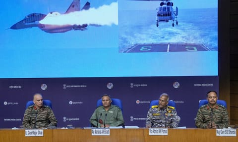 Director General of Military Operations (DGMO) Lt General Rajiv Ghai with Air Marshal AK Bharti, Vice Admiral AN Pramod and Major General SS Sharda during a press conference on 'Operation Sindoor', in New Delhi (PTI)&nbsp;