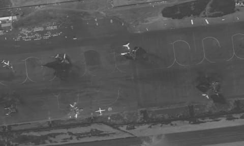 This satellite image provided by Maxar Technologies shows destroyed airplanes on the tarmac at the Sanaa International Airport in Yemen on Wednesday, May 7, 2025, after a Tuesday Israeli attack. (AP)