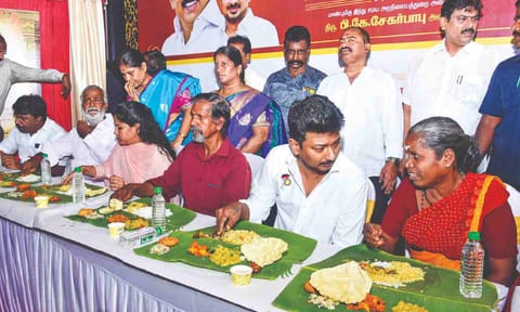Deputy Chief Minister Udhayanidhi Stalin at the annadhanam organised by HR&amp;CE department at Triplicane Parthasarathy Temple on Sunday (Photo credit: Hemanathan M)