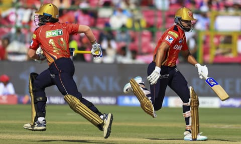 Punjab Kings batters Nehal Wadhera and Shreyas Iyer run between wickets during the Indian Premier League (IPL) 2025 cricket match between Rajasthan Royals and Punjab Kings, at Sawai Mansingh Stadium, in Jaipur, Sunday, May 18, 2025 (PTI)&nbsp;