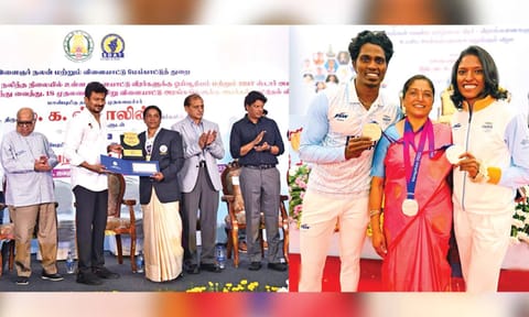 &nbsp;B Indira received the Tamil Nadu government's Best Coach award from Deputy Chief Minister, Udhayanidhi Stalin on May 5 (L); Indira all smiles, flanked by Olympians Praveen Chitravel and Subha Venkatesan during a TN government event honoring medalists from the state at the 2023 Asian Games (R)