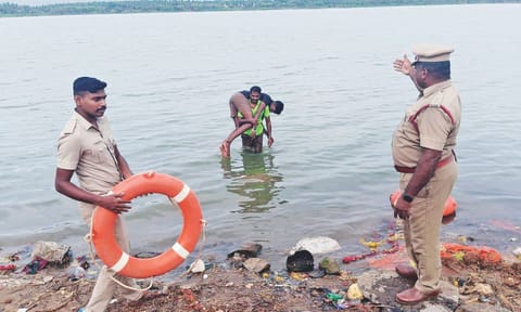 A rescue drill being conducted at Kurichi Lake in Coimbatore&nbsp;
