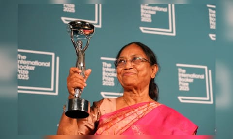 Banu Mushtaq, author of 'Heart Lamp' holds the trophy after winning the International Booker Prize, in London (AP)&nbsp;