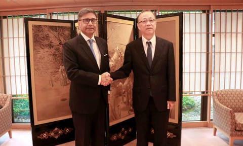 &nbsp;Foreign Secretary Vikram Misri with Japan's Vice Minister for Foreign Affairs Takehiro Funakoshi (PTI)