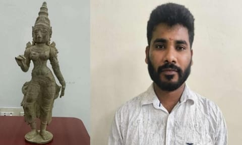 (L-R) 12th-century antique Amman metal idol; Accused Manojkumar&nbsp;&nbsp;