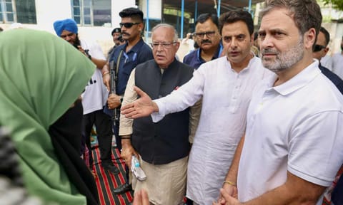 Congress leader and LoP in Lok Sabha Rahul Gandhi during a visit to a school, in Poonch, J&amp;K, Saturday, May 24, 2025 (PTI)&nbsp;
