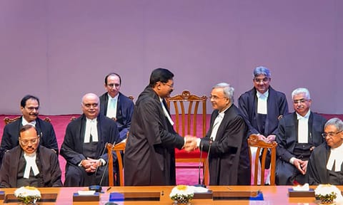 Chief Justice of India (CJI) B R Gavai after administering the oath of office to Justice N V Anjaria during his swearing-in ceremony as Supreme Court judge, in&nbsp;New&nbsp;Delhi&nbsp;(PTI)