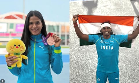 (L-R) Shaili Singh with her bronze medal; Praveen Chithravel after the final win&nbsp;